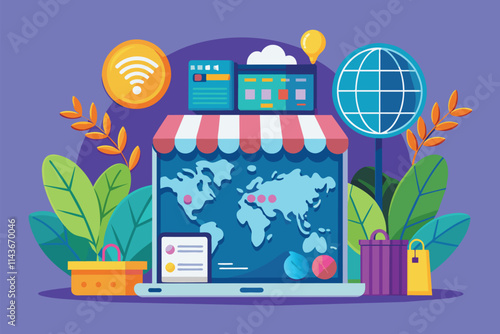 A digital storefront showcases a world map while promoting global marketing strategies with vibrant graphics Online store with a global marketing strategy, illustrated in a flat style.