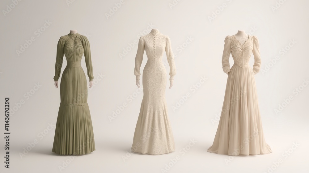 Three elegant dresses displayed on mannequins, showcasing various designs and colors in a minimalistic setting. Three elegant dresses displayed on mannequins, showcasing various designs and colors in a minimalistic setting.