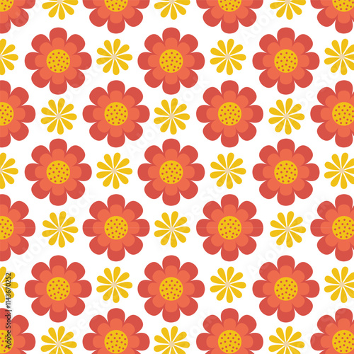 Seamless floral vector pattern with orange and yellow flowers on white background for fashion, clothing, textile, stationary, packaging and other print.