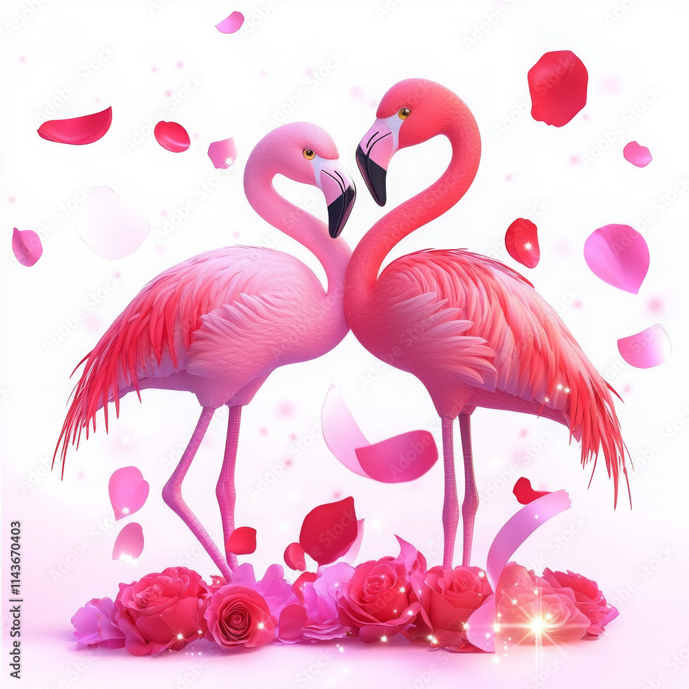 Obraz premium vibrant couple of flamingos surrounded by pink petals and roses