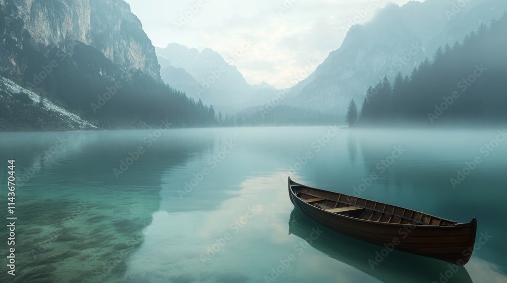 A serene lake scene with a wooden boat surrounded by misty mountains and calm waters. A serene lake scene with a wooden boat surrounded by misty mountains and calm waters.