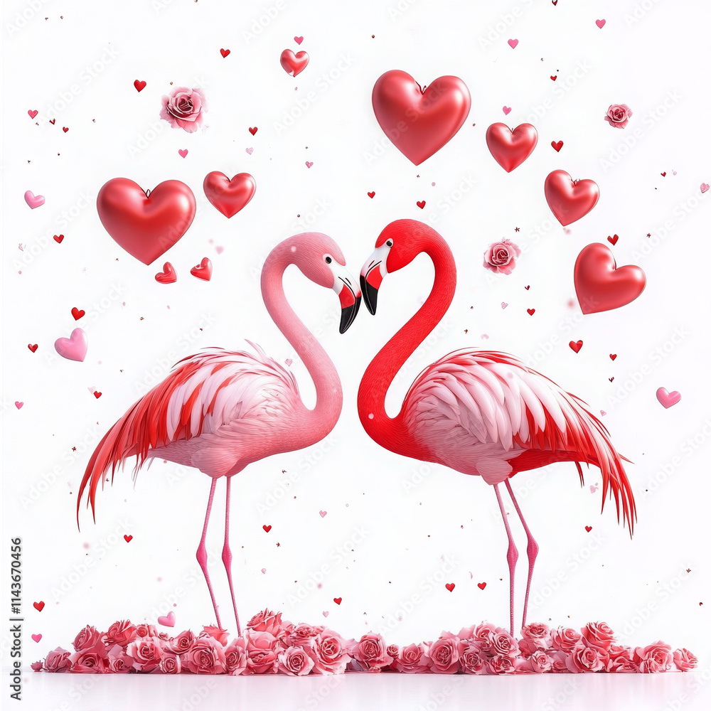 Fototapeta premium Flamingo couple surrounded by hearts and roses, symbolizing love