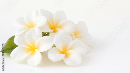 A cluster of delicate white flowers with yellow accents, resting gracefully against a soft, neutral background.