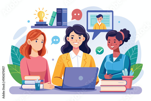 Three female students actively participate in an online webinar, engaging in discussion over laptops and books Online webinar with female students, illustrated in a flat style.