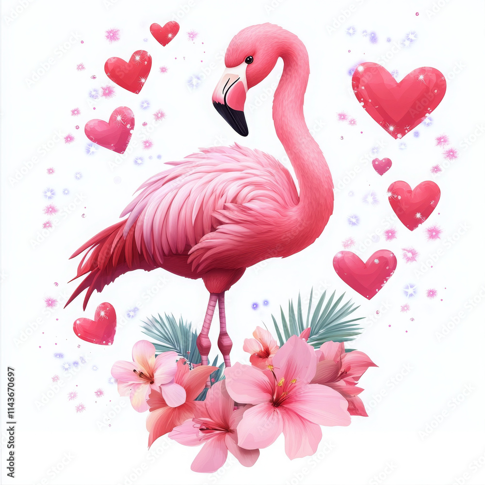 Obraz premium vibrant pink flamingo surrounded by hearts and flowers, exuding joy