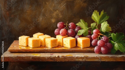Still life painting of cheese cubes and red grapes on wooden board.