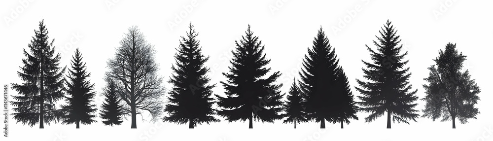 Collection of Silhouetted Coniferous and Deciduous Trees on White Background Collection of Silhouetted Coniferous and Deciduous Trees on White Background