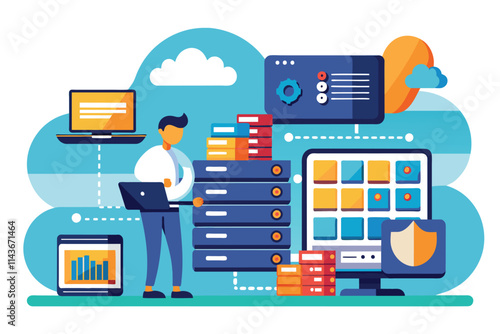A professional organizes data storage on a server, optimizing file archives in a modern digital workspace Organizing data storage and file archive on a server or computer, simple illustration.