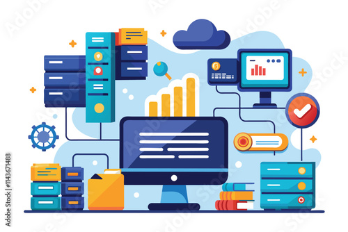 The process of structuring data storage and archiving files on a server is being depicted visually Organizing data storage and file archive on a server or computer, simple illustration.