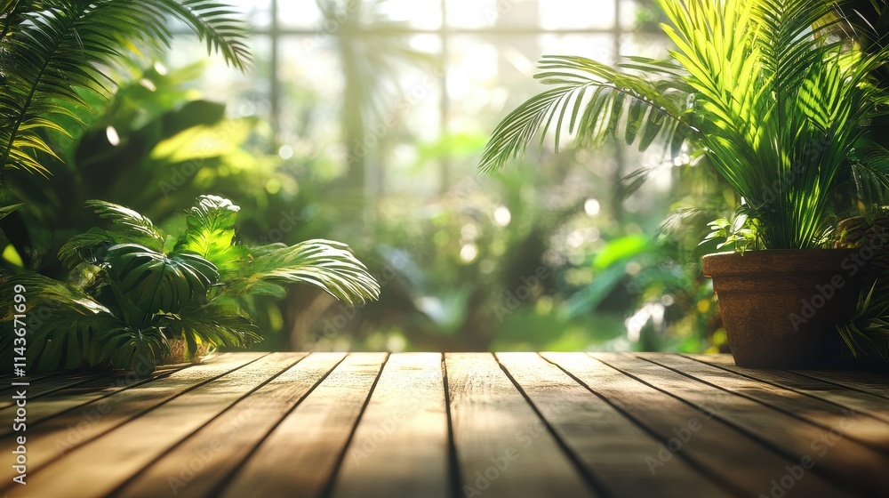 Wooden deck foreground lush tropical greenhouse background Wooden deck foreground lush tropical greenhouse background