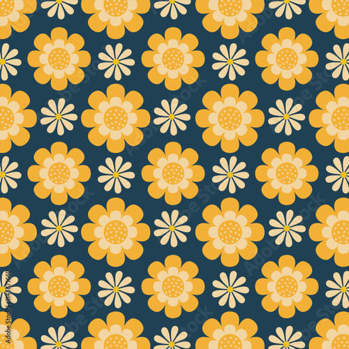 Seamless floral vector pattern with yellow and white flowers on blue background for fashion, clothing, textile, stationary, packaging and other print.