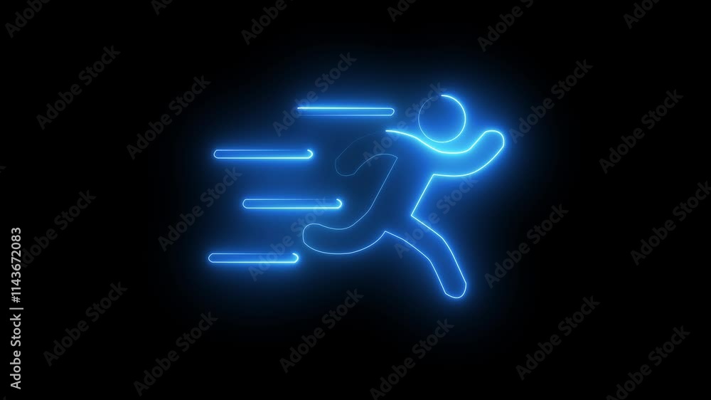 Glowing neon line blue color runner sing. Running neon sign appear in center and disappear after some time background. Glowing neon line blue color runner sing. Running neon sign appear in center and disappear after some time background.