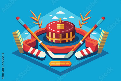 This illustration showcases a para ice hockey rink surrounded by sticks and gear, perfect for customization Para ice hockey illustration that can be customized and is flat.
