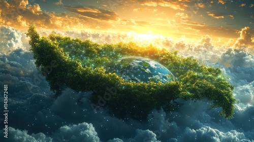 Wallpaper Mural Earth nestled in a lush green leaf-shaped island amidst clouds at sunrise. Torontodigital.ca