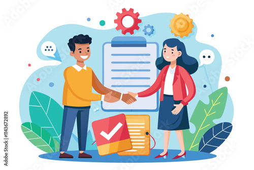 Two professionals shake hands over a partnership agreement with no increased obligations discussed Partnership agreement is popular, with no increase in illustration.