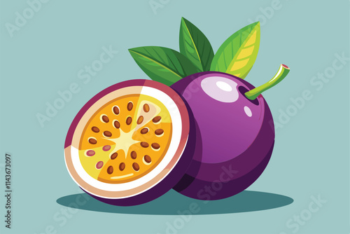 An illustration of a halved passion fruit showing its seeds and vibrant interior beside the whole fruit Passion fruit illustration, customizable and semi-flat.