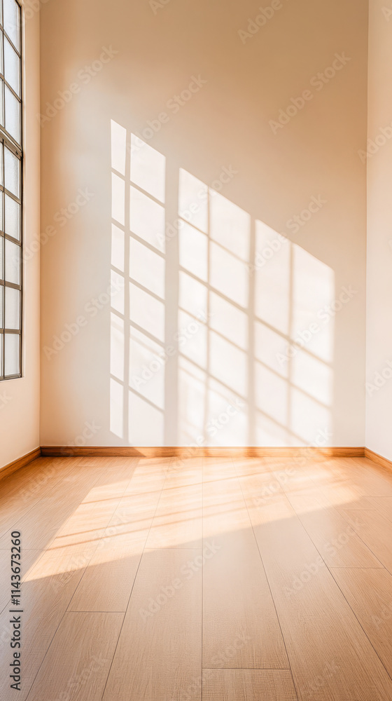 Natural sunlight creates beautiful patterns in a serene indoor space with wooden flooring Natural sunlight creates beautiful patterns in a serene indoor space with wooden flooring