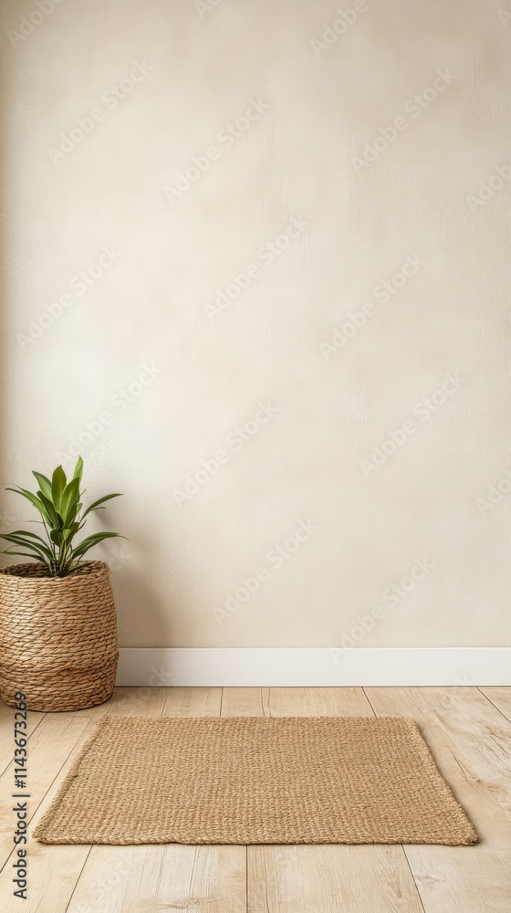 Cozy interior space featuring a plant in a woven basket and a natural rug on wooden floor Cozy interior space featuring a plant in a woven basket and a natural rug on wooden floor