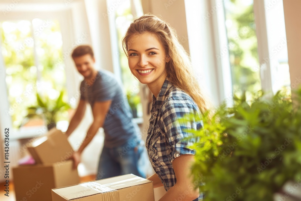 Young couple moving in packing and unpacking boxes Young couple moving in packing and unpacking boxes