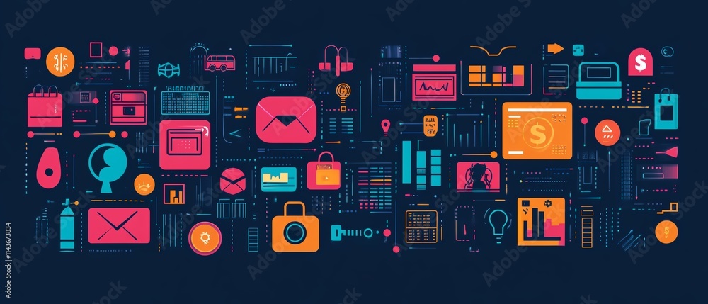 Fintech ecosystem illustration, vibrant icons of digital payments, financial technology, innovative banking solutions, professional vector art, modern gradient background Fintech ecosystem illustration, vibrant icons of digital payments, financial technology, innovative banking solutions, professional vector art, modern gradient background