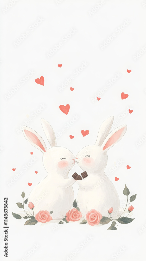 Fototapeta premium Cute rabbits sharing cho te with hearts and roses in romantic scene