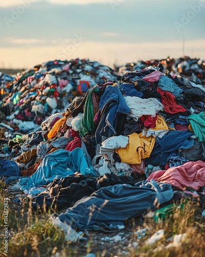 Overfilled landfill with discarded clothes from fast fashion factories photo