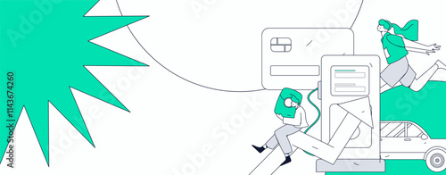 Vector Internet operation hand-drawn illustration of people getting discounts for refueling their cars
