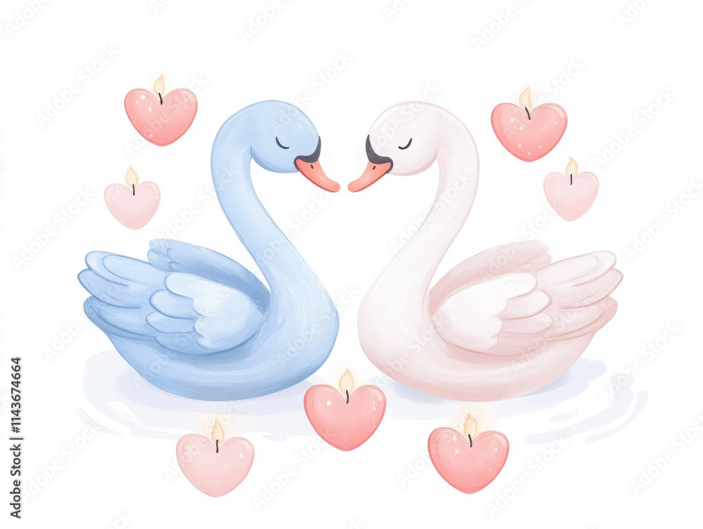 Fototapeta premium charming illustration of blue and white swan couple surrounded by hearts and candles