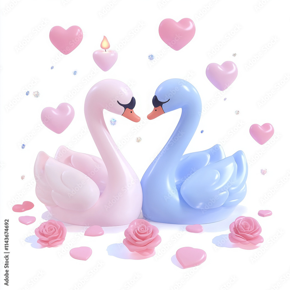 Fototapeta premium charming 3D cartoon design of pink and blue swan couple surrounded by hearts and roses