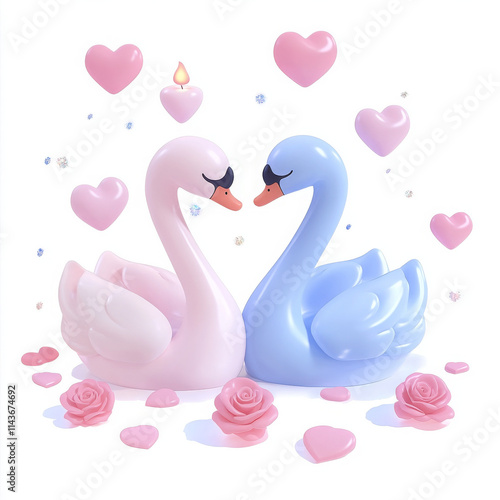 Fototapeta Naklejka Na Ścianę i Meble -  charming 3D cartoon design of pink and blue swan couple surrounded by hearts and roses