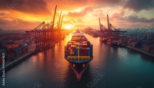 Global trade and supply chain connections, intricate web linking industries across continents, vibrant and sleek digital visualization, high resolution, cinematic perspective photo