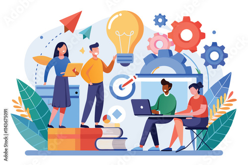 A group of individuals gathers to brainstorm ideas for an innovative project development effort People beginning a new project development, depicted in a flat illustration.