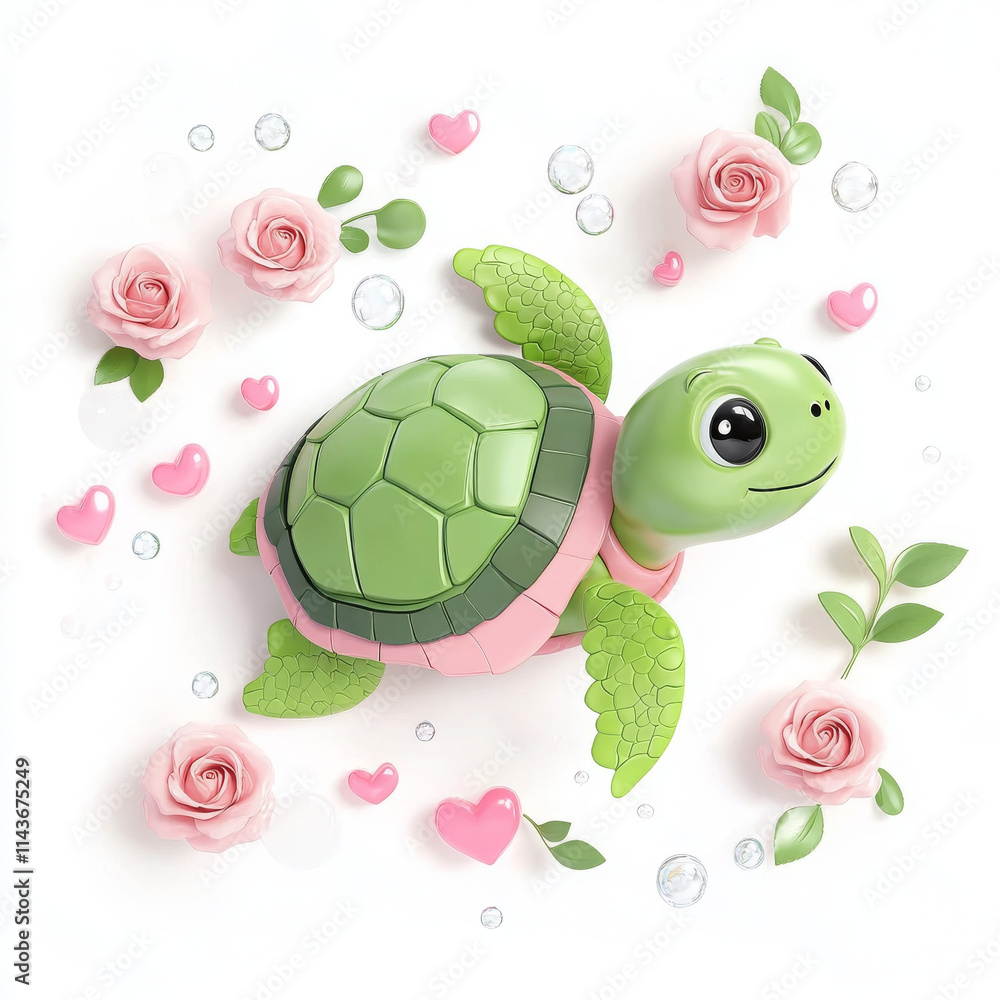 Fototapeta premium cute cartoon turtle surrounded by pink roses and hearts, evoking joy