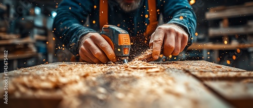 Carpenter s hands working with a power tool on a wooden plank, shaping wood for a wooden structure, showcasing fine craftsmanship, AIgenerated woodworking concept photo