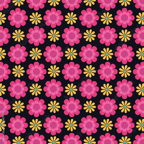 Seamless floral vector pattern with pink and yellow flowers on blue background for fashion, clothing, textile, stationary, packaging and other print.