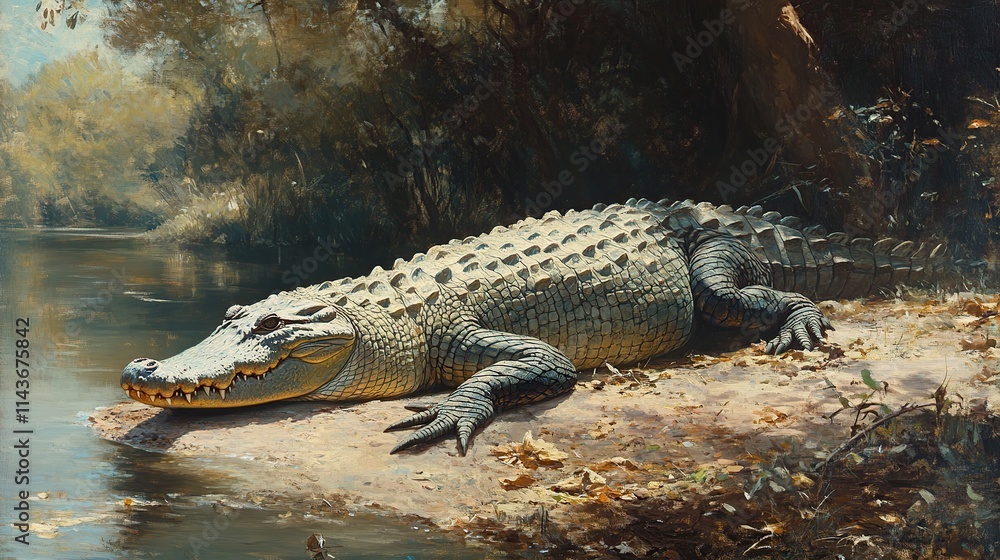 Obraz premium Large alligator basking on riverbank.