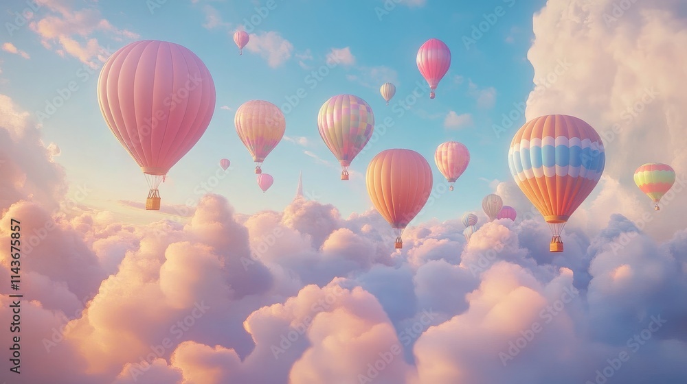 Obraz premium A serene sky filled with colorful hot air balloons drifting among fluffy clouds at sunset.