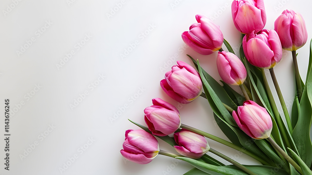 A beautiful arrangement of fresh pink tulips and green leaves on a white background, making an elegant and perfect floral decoration suitable for spring and natureinspired themes A beautiful arrangement of fresh pink tulips and green leaves on a white background, making an elegant and perfect floral decoration suitable for spring and natureinspired themes