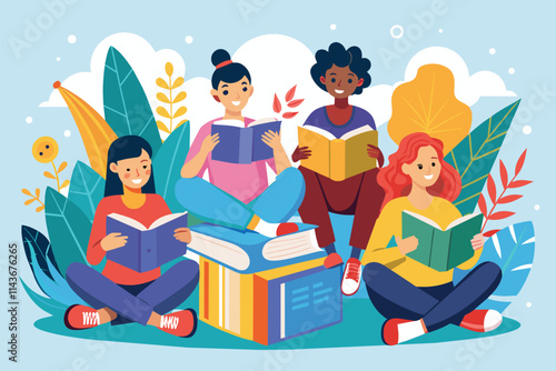 A group enjoys reading popular books outdoors, surrounded by colorful foliage and a bright sky People enjoy reading popular books, depicted in a simple illustration.