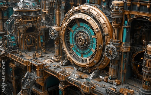 Retrofuturistic steampunk landscape, intricate gears, industrial machinery, horological details in a Victorianinspired society, vintage tones, highly detailed and immersive photo