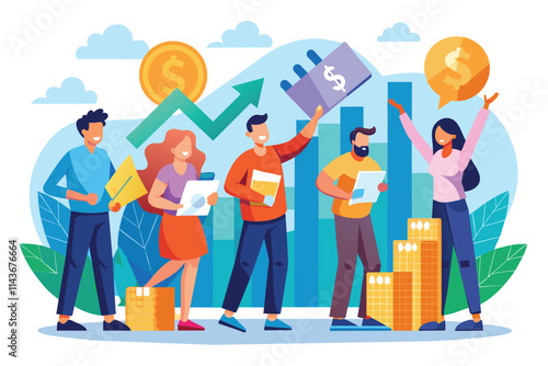A group of diverse individuals enthusiastically displays stock growth data while holding dollar bills People holding stock growth data and dollar bills in a flat illustration.