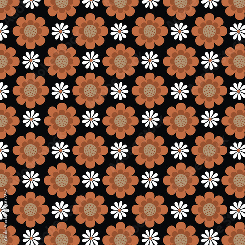Seamless floral vector pattern with brown and white flowers on black background for fashion, clothing, textile, stationary, packaging and other print.