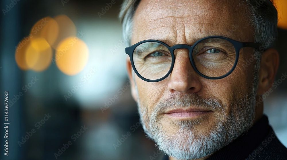 Mature man with glasses and beard presents confidence and wisdom in a modern setting, showcasing a thoughtful expression and professional style, perfect for business and lifestyle concepts. Mature man with glasses and beard presents confidence and wisdom in a modern setting, showcasing a thoughtful expression and professional style, perfect for business and lifestyle concepts.