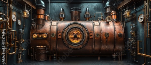 Steampunk society with a retrofuturistic edge, horologyinspired technology, industrial elements, steampowered machines, intricate clockwork, and brass detailing photo