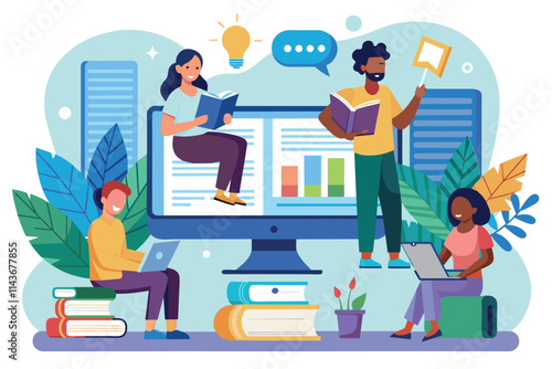 A group of people engages in online studying and collaboration, surrounded by books and greenery People reading and studying online in a group, illustrated on a computer screen.