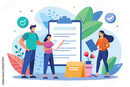 A group of individuals carefully examines a contract agreement surrounded by colorful plants and stationery People read the contract agreement with a flat illustration.