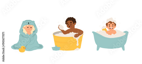 Bathing babies set. Calm kids bathing, washing themselves in bathtub. Cute little boys and girls, sweet children in bathroom. Flat cartoon vector illustrations isolated on white background