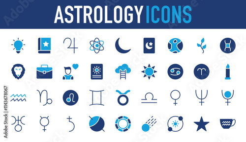 Set of Astrology icon. Bulb, Horoscope, Jupiter, Taurus, Card Reading, Planet Earth, Plant, Gemini, Lion, Portfolio, User, Fortune Telling, Success, Sun, Cancer, Aries, Candle vector. 