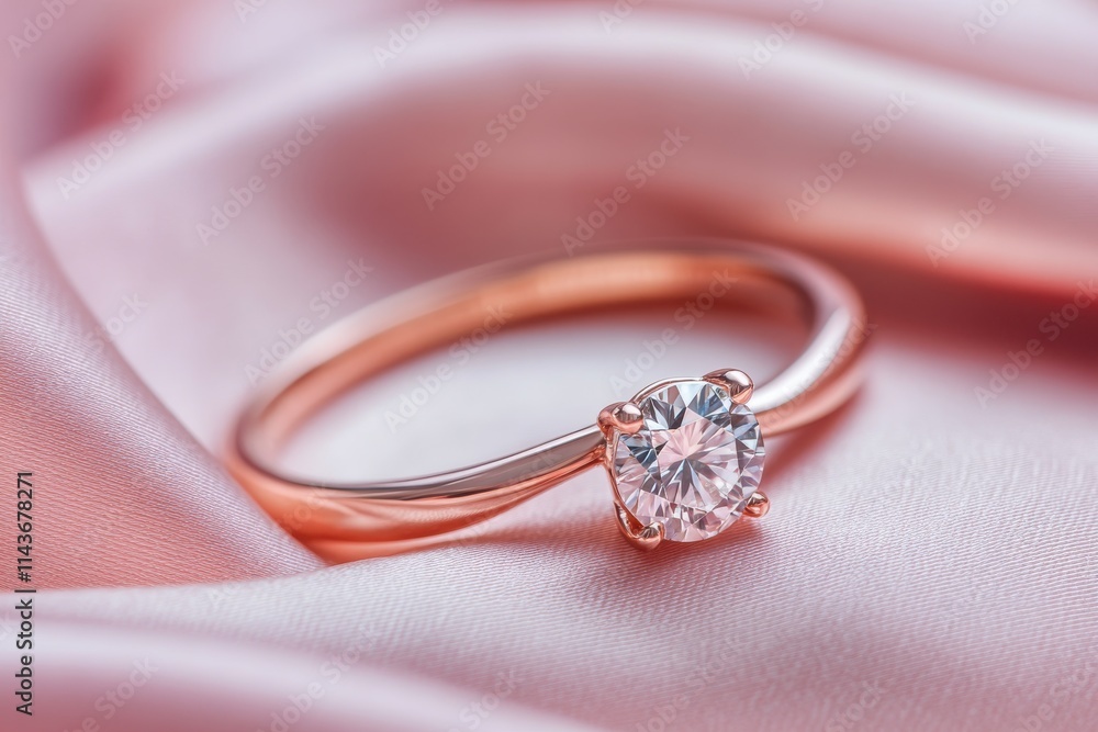 A close-up of a delicate rose gold engagement ring with a round brilliant-cut diamond A close-up of a delicate rose gold engagement ring with a round brilliant-cut diamond