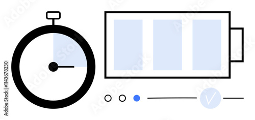 Stopwatch timing device, battery charge icon with four bars, three control buttons, and slider. Ideal for time management, energy saving, app design, digital interfaces, productivity efficiency photo